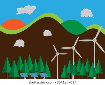 Environmental concerns and use of clean green energy from renewable sources and low carbon concepts, Wind power plants or turbine farms and solar cell panels, Power generation industry with mountain b