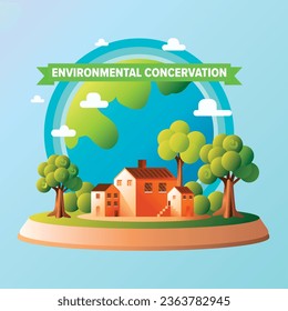 Environmental conservation banner, cartoon 3d vector village on a floating island, green trees, panet earth background with white clouds.
