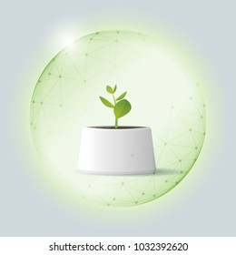 Environmental conservation concept with young plant protected in polygonal sphere shield , vector , illustration