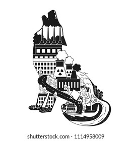 Environmental conservation ecology concept vector illustration. Howling wolf silhouette with nuclear power plant polluting air and wind turbines and solar panels producing alternative energy.