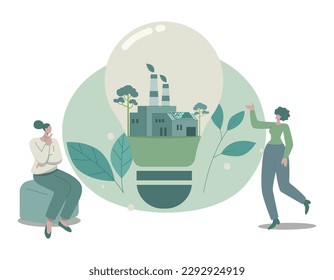 Umweltschutzfabrik in der Glühbirne, Alternative Energieversorgung, umweltfreundliche Energie aus erneuerbaren Quellen, Vektordesign-Illustration.