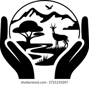 Symbol für Umweltschutz mit menschlichen Händen, die wild lebende Tierwelt mit Hirschen und Bergen umkreisen