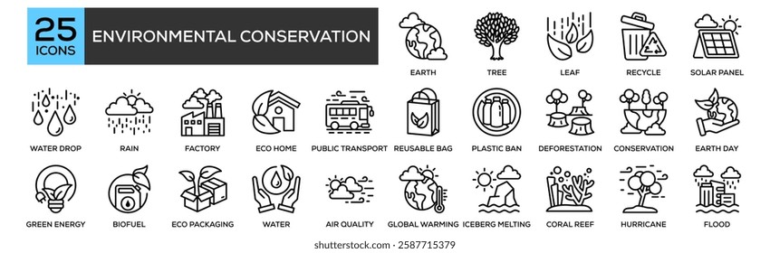 Environmental Conservation Icons icon collection set. Containing design Earth, Tree, Leaf, Recycle, Solar Panel