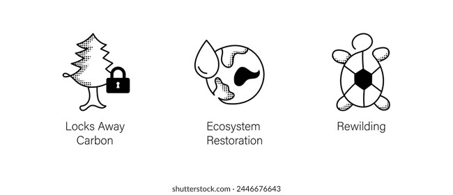 Environmental Conservation Icons Set. Locks Away Carbon, Ecosystem Restoration, Rewilding. Editable Stroke Icons.