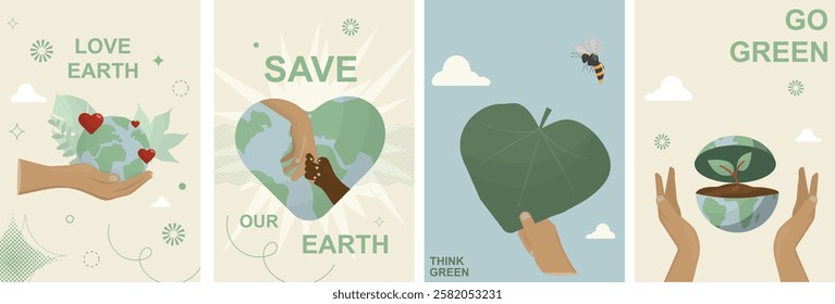 Environmental Conservation Illustration Series with Earth Themes. Four-piece minimalist illustration series depicting earth care concepts. Earth day. Environmental posters set. Vector illustration