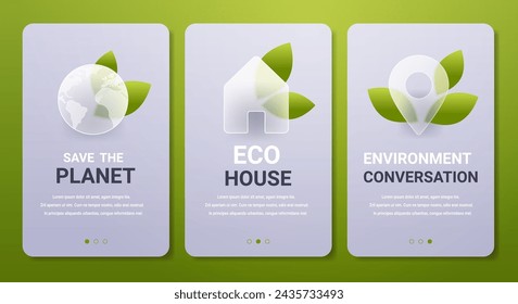 Environmental conservation mobile app menu in glass morphism style. Eco pages vector set.
