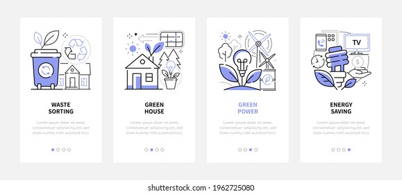 Environmental conservation - modern line design style web banners with copy space for text. Waste sorting, green house and power, energy saving carousel posts. Ecology, eco lifestyle and recycling