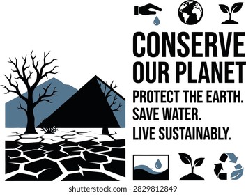 Environmental conservation poster featuring a dead tree, cracked dry earth, and text urging to protect the planet and save water.