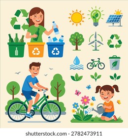 Environmental conservation and recycling concept illustration, a collection of eco-friendly activities and green energy icons.