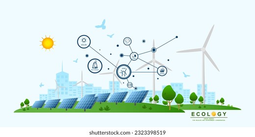 Conservación del medio ambiente y ciudad inteligente usando el concepto de energía verde limpia, Infografía de fuentes de energía renovable con molinos de viento, Energía eólica, panel de energía solar, Sustentable de la ecología natural.