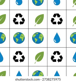 Environmental conservation theme background. Icons of earth planet green leaf and recycling. Sustainable life design.