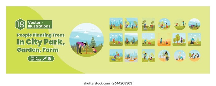 Tema de conservação ambiental. As pessoas plantam árvores em parques, jardins e fazendas da cidade. Mega set.