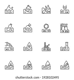 Environmental contaminants line icons set, water pollution outline vector symbol collection, linear style pictogram pack. Signs, logo illustration. Set includes icons as waste in the water, plastic 