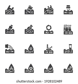 Contaminantes ambientales conjunto de iconos vectores, contaminación del agua colección moderna de símbolos sólidos, paquete de pictogramas estilo relleno. Señales, ilustración del logotipo. Set incluye iconos como residuos en el agua, plástico 