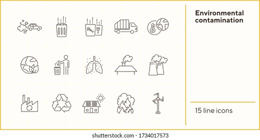 Environmental contamination icons set. Air pollution, planet contamination, greenhouse effect. Environment concept. Vector illustration can be used for topics like environment, nature, industry