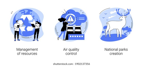 Environmental control abstract concept vector illustration set. Management of resources, air quality control, national parks creation, renewable energy, pollution prevention abstract metaphor.