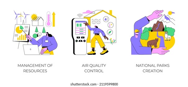 Environmental control abstract concept vector illustration set. Management of resources, air quality control, national parks creation, renewable energy, pollution prevention abstract metaphor.