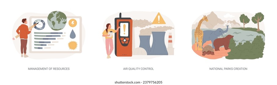 Conjunto de ilustraciones vectoriales de concepto aislado de control ambiental. Gestión de recursos, control de la calidad del aire, creación de parques nacionales, energía renovable, concepto de vectores de prevención de la contaminación.