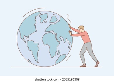 Environmental conversation and save earth concept. Young man cartoon character pulling planet earth with hands rolling it towards alone vector illustration 