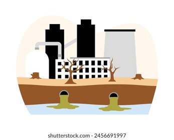 Environmental damage due to careless disposal of factory waste, pollution vector illustration.