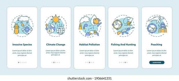 Environmental damage onboarding mobile app page screen with concepts. Ecology. Biodiversity loss walkthrough 5 steps graphic instructions. UI vector template with RGB color illustrations