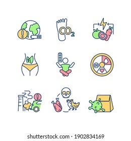 Environmental damage prevention RGB color icons set. Sustainable development. Animal cruelty. Healthy vegan diet. Carbon footprint. CO2 emission. Ecology, ecosystem. Isolated vector illustrations