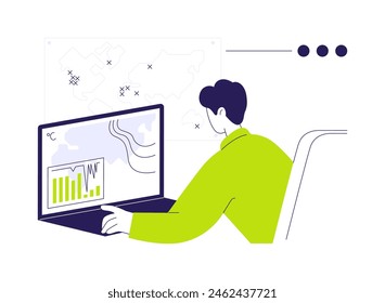 Environmental data management abstract concept vector illustration. Man with laptop forecasting, controls climate changing, ecology industry, environmental scientist abstract metaphor.