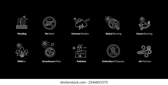 Environmental Degradation and Climate Impact Icons. Representing flooding, greenhouse effects, pollution, and wildlife extinction, these icons are ideal for eco-awareness campaigns.