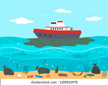 Environmental disaster accident on an oil tanker and the release of oil into the ocean against the background of plastic garbage in the ocean. . flat vector illustration