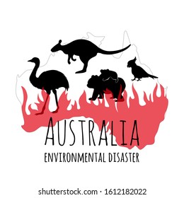 Environmental disaster. Australian animals on fire. Kangaroo, ostrich EMU, Koala, Cockatoo on the background of the contour of Australia. Vector image on a white background.