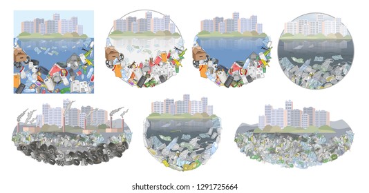 Environmental disaster of plastic debris in the city. Garbage on the coast in the ocean and in the sea. The problem of cleaning and separation of garbage. The concept of ecology.
