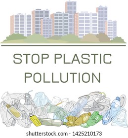 Environmental disaster of plastic debris in the city. Garbage on the coast in the ocean and in the sea. The problem of cleaning and separation of garbage. The concept of ecology.