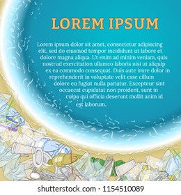 Environmental disaster of plastic debris in the ocean. Garbage on the coast. Ecology concept.