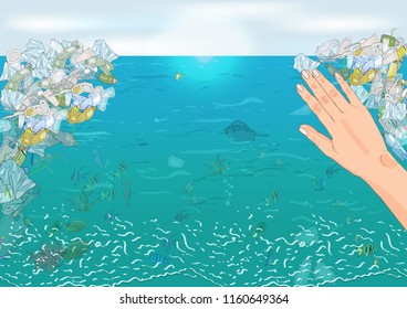 Environmental disaster of plastic debris in the ocean. The concept of ecology and World Cleanup Day.