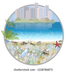Environmental disaster of plastic debris in the ocean. Garbage in the sea and on the coast against the sky as a backdrop. Ecology concept.