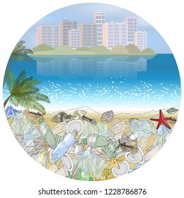 Environmental disaster of plastic debris in the ocean. Garbage in the sea and on the coast against the sky as a backdrop. Ecology concept.