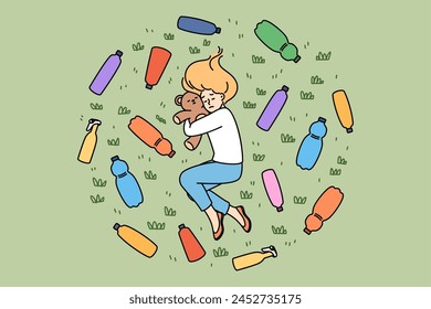 Environmental disaster and plastic waste causes stress in teenage girl lying among bottles on lawn. Concept environmental problems and natural disasters caused by uncontrolled spread of landfills