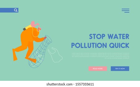 Environmental Disaster, Pollution of Sea with Garbage Website Landing Page. Scuba Diver Cleaning Plastic Trash from Ocean. Polluted Water Environment Web Page Banner. Cartoon Flat Vector Illustration