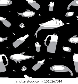 Environmental disaster in water area. Pollution, plastic trash, waste, household garbage lead to death of fish and other inhabitants in sea, river, ocean, lake and pond. Vector seamless pattern