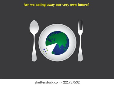 environmental distruction concept with earth served on a plate to eat like a pizza. destruction of environment by humans illustrated with an abstract concept art work