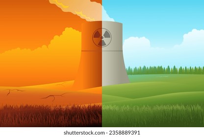 Dualidad ambiental de la planta de energía nuclear. A la izquierda, la tierra estéril representa la interrupción del hábitat a causa de las fugas radiactivas. A la derecha, los verdes prados significan beneficios de energía limpia