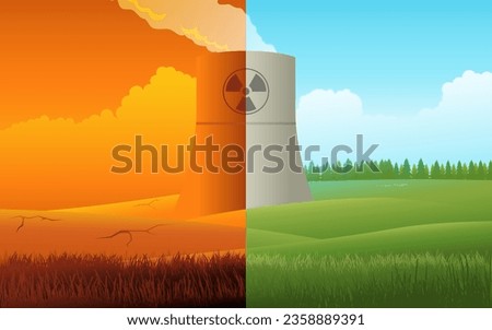 Environmental duality of nuclear power plant. On the left, barren land represents habitat disruption from radioactive leaks. On the right, lush green grasslands signify clean energy benefits