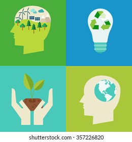environmental eco friendly simple modern flat design poster illustration of two human heads thinking green and hands planting and recycling bulb collection set 