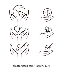 environmental and eco icons. hand icons. hands hold a planet, a butterfly and a leaf.