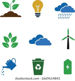 Conjunto de iconos ambientales y ecológicos de Vector de diseño plano: planta, idea, lluvia, hojas, molino de viento, regadera, reciclaje y símbolos de batería