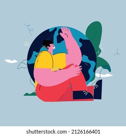 Environmental and ecological concept, save the planet. Man with planet earth flat vector illustration. Caring for our planet, protect water, soil and air from pollution. Sustainability concept