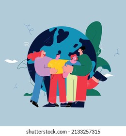 Environmental and ecological concept, save the planet. People with planet earth flat vector illustration. Caring for our planet, protect water, soil and air from pollution. Sustainability concept