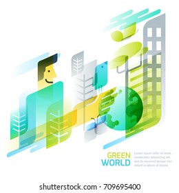 Environmental and ecology concept. Vector abstract green world illustration. Dynamic geometric background for save earth day. Nature and planet protection.