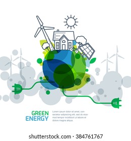 Environmental and ecology concept. Vector green earth with wire plug. Power generation and alternative energy outline illustration. Creative background for save earth day.  