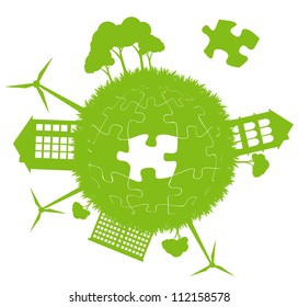 Environmental and ecology earth globe alternative energy vector concept background with puzzle